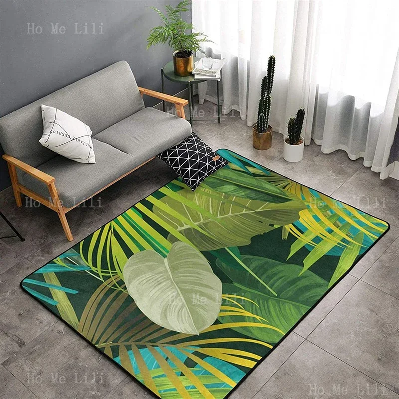 Tropical Palm Tree Monster Leaves Summer Vintage Flannel Floor Rug Green Exotic Jungle Carpet Nature Aesthetics Decoration