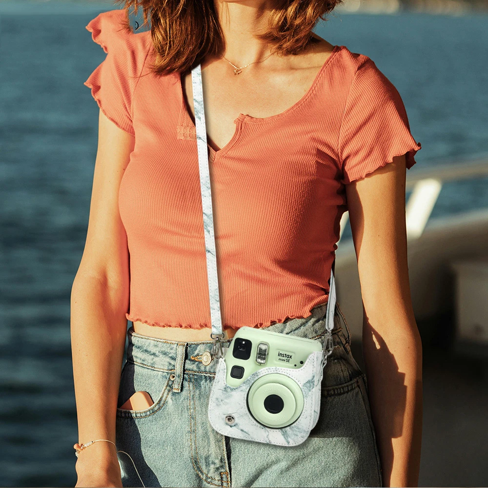 Funda de cuero PU portátil para Instax Mini SE/7 +, carcasa Universal con estampado de mármol para cámara, bolsa con correa de hombro para Mini SE/7 +