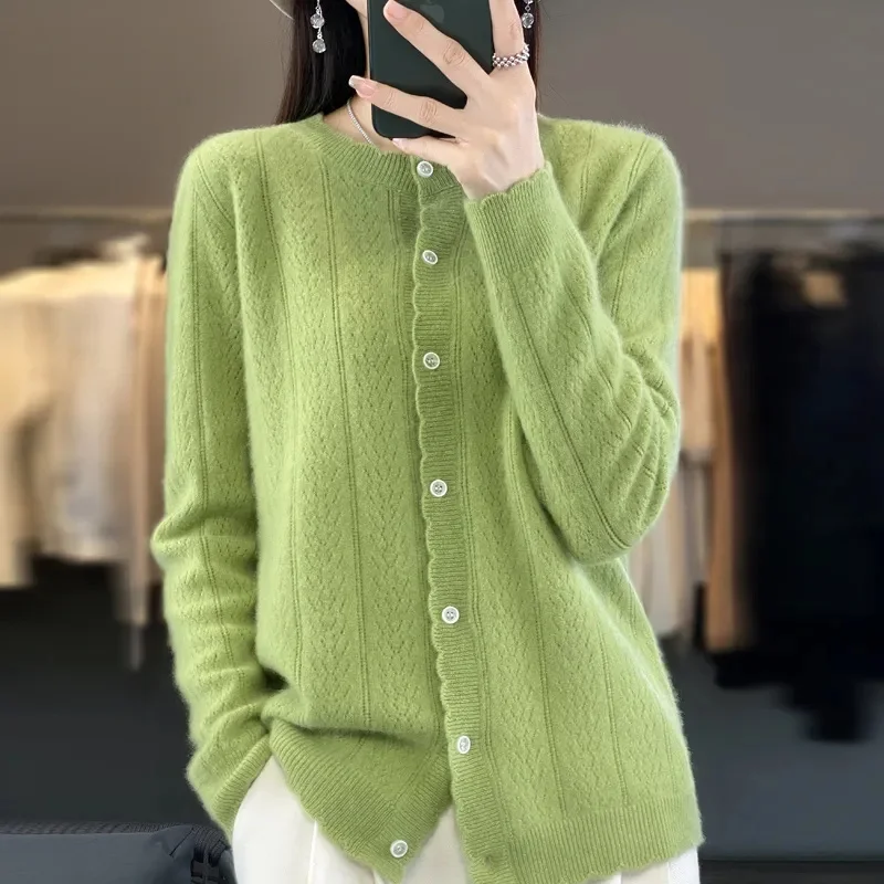 2023100% Pure Wool Cardigan Women's Spring Autumn New Round Neck Hollowed Out Loose Slimming Cashmere Sweater Knitted Thin Coat