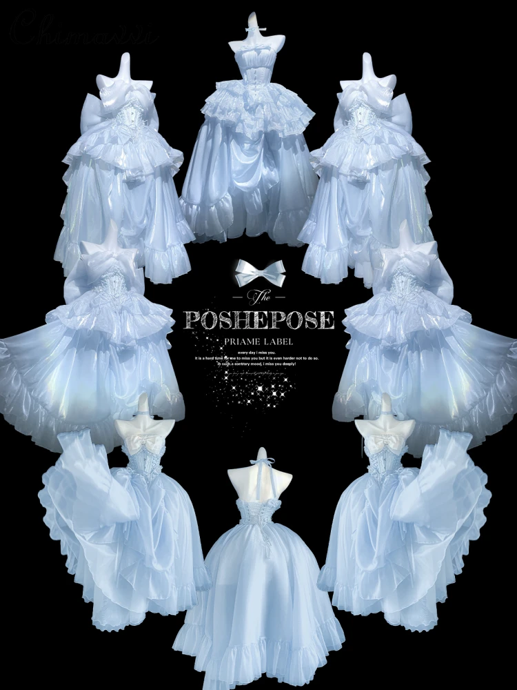 2026 Summer New Birthday Party Sweet Bow Tube Top Dress Waist Seal Outer Cover Blue Princess Ballet Dress Set