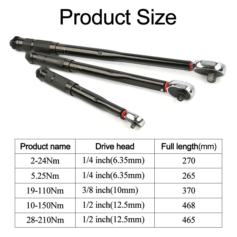 2-210N.m Torque Wrench 1/2 3/8 1/4 Square Drive Preset Car Torques Keys For Bicycle Automotive Force Measure Workshop Hand Tools