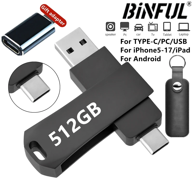 

360°rotation For iPhone 512GB OTG USB Flash Drive USB 3.0 Type C interface 256GB 32G For Samsung Android Laptop Memory Pen Stick