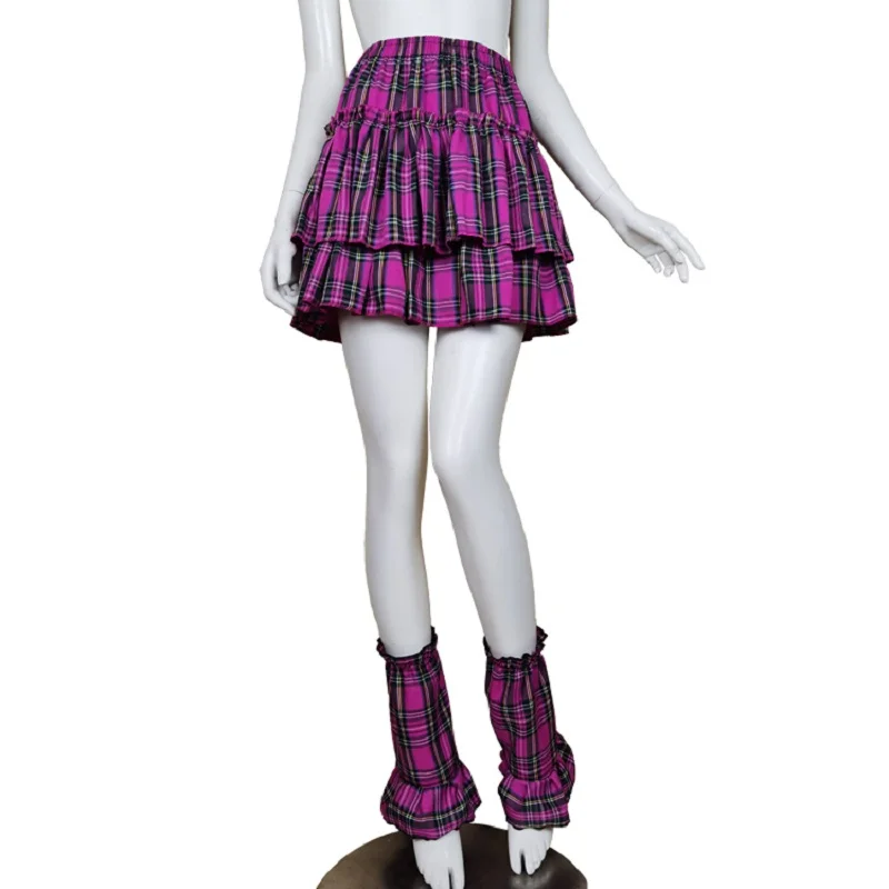 Y2K Style Mini Skirt For Women Ruffles Elastic Waist Fuchsia Plaid Pleated Skirts Sexy Street Dance Clothes 2025 Summer Spring