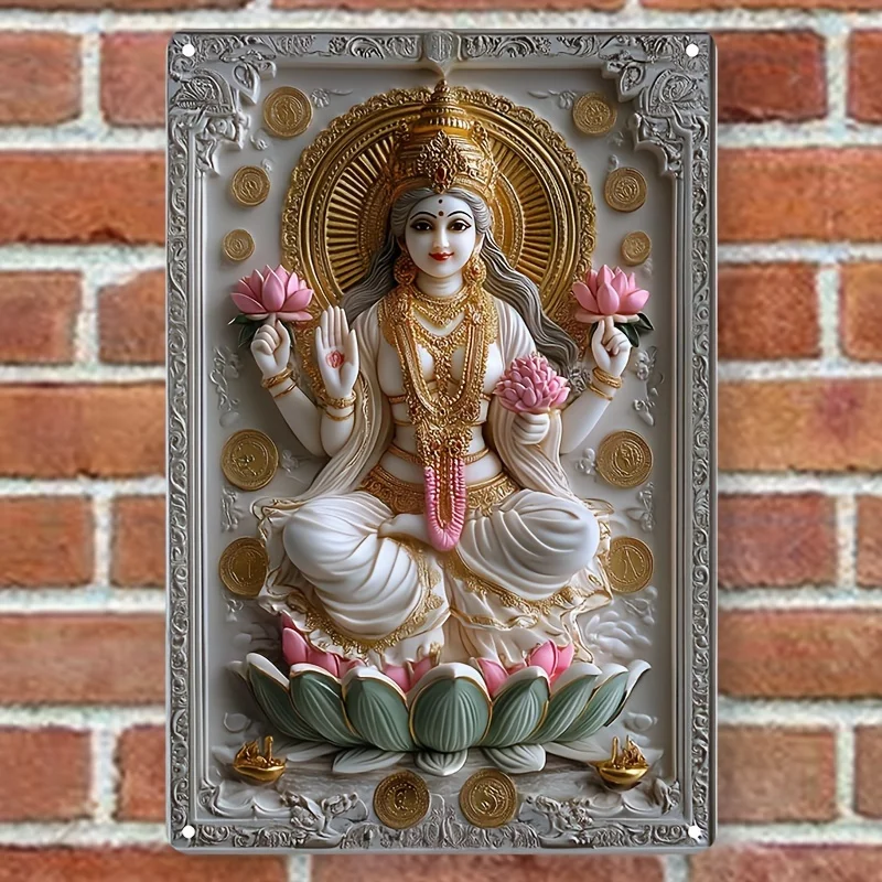 

Hindu Inspired Aluminum Sign: Lakshmi Artwork with Abundant Gold Elements, Great for Spiritual and Prosperity Seeking Home Decor