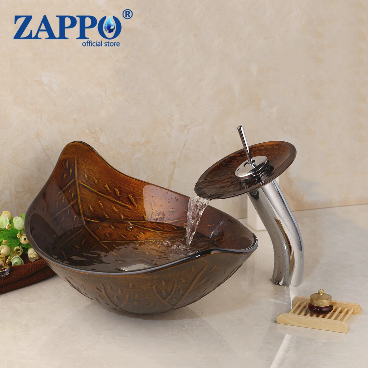 ZAPPO Brown leaf Bathroom Vessel Sink Tempered Glass Sinks Combo Bathroom Artistic Glass Vessel Bowl Basin with Faucet Mixer Tap