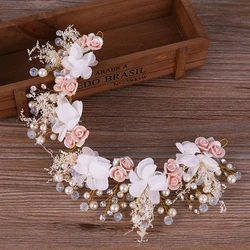 Gold Flower Tiara Headbands Pearl Crystal Bridal Hair Accessories For Women Wedding Hairbands Handmade Headpiece Hair Ornaments
