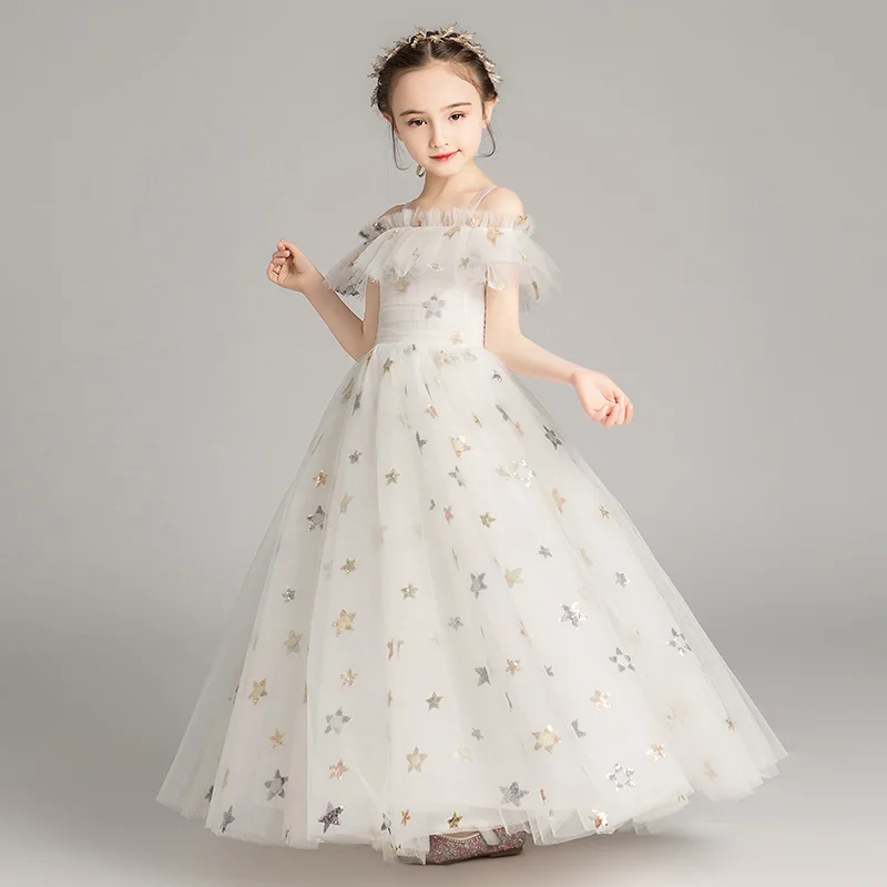 Robe de luxe pour filles de 3 à 12 ans, tenue de soirée blanche avec étoile, motif floral