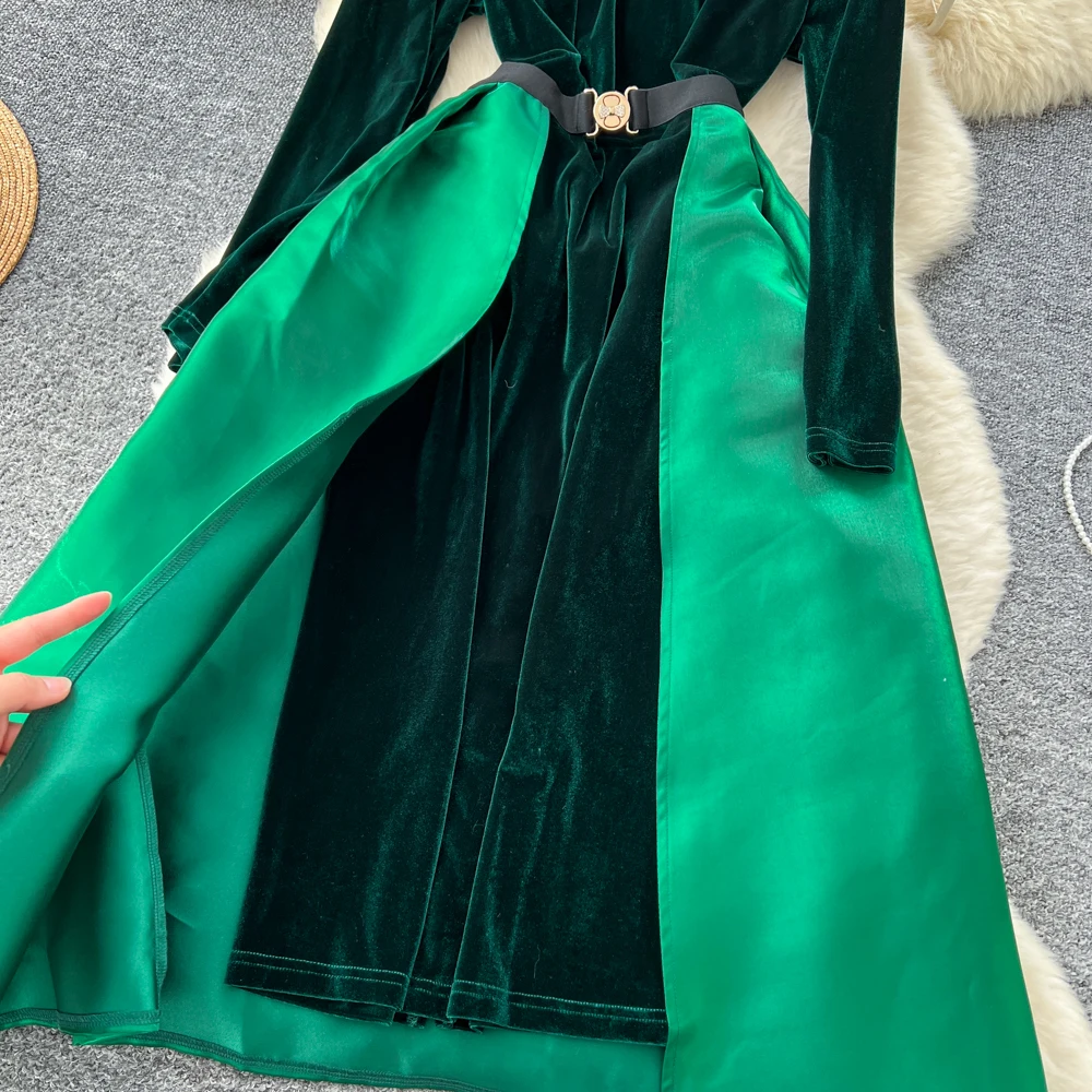Abito retrò elegante a maniche lunghe in velluto scavato Abito casual a vita alta Abiti da cerimonia da donna