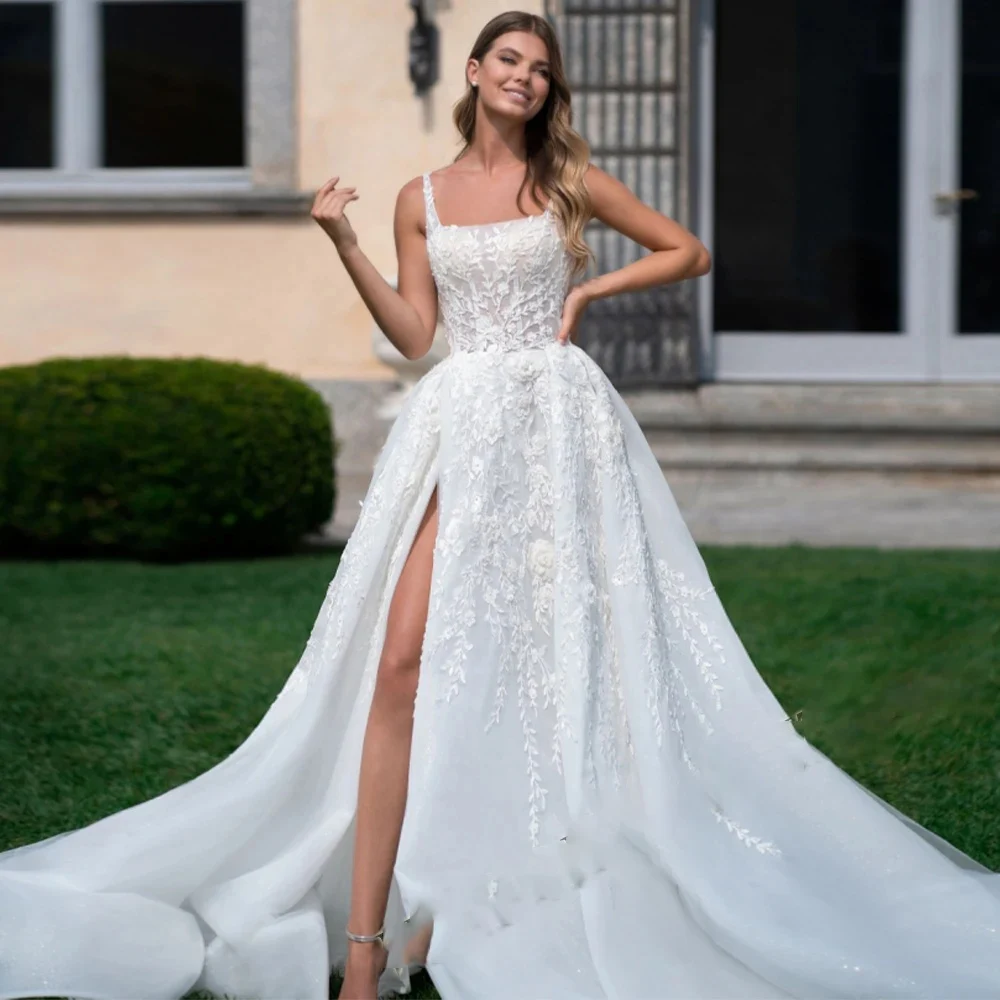 New Delicate Off-the-shoulder Wedding Dresses Strapless Sleeveless Side leg open Bridal Gowns Customized Lace Party Clothing2024