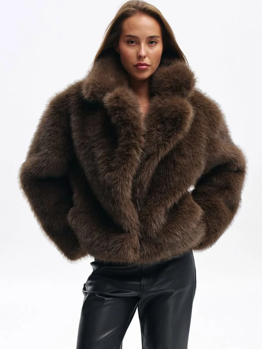 2026 Autumn Winter Women Faux Fur Jacket Fluffy Long Hair Lapel Collar Open Front Cropped Coat Brown