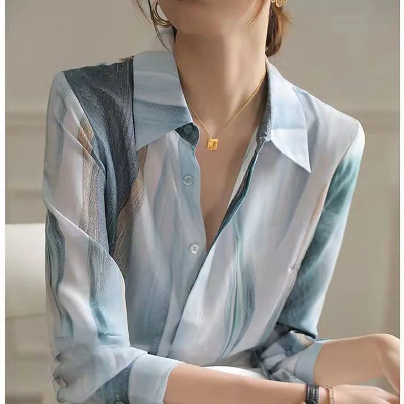 Fashion Lapel Printed Spliced Button Loose Chiffon Shirt Summer and Autumn New Casual Tops Commute Fashion Woman Blouses 2022