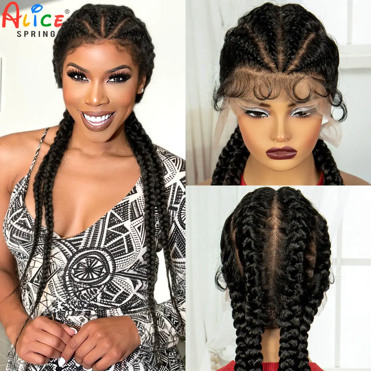 30 بوصة كورنو شعر مستعار مضفر الاصطناعية الدانتيل الكامل الطبيعي شعر مستعار دانتيل مضفر مع شعر الطفل Knotless الضفائر الباروكات للنساء السود