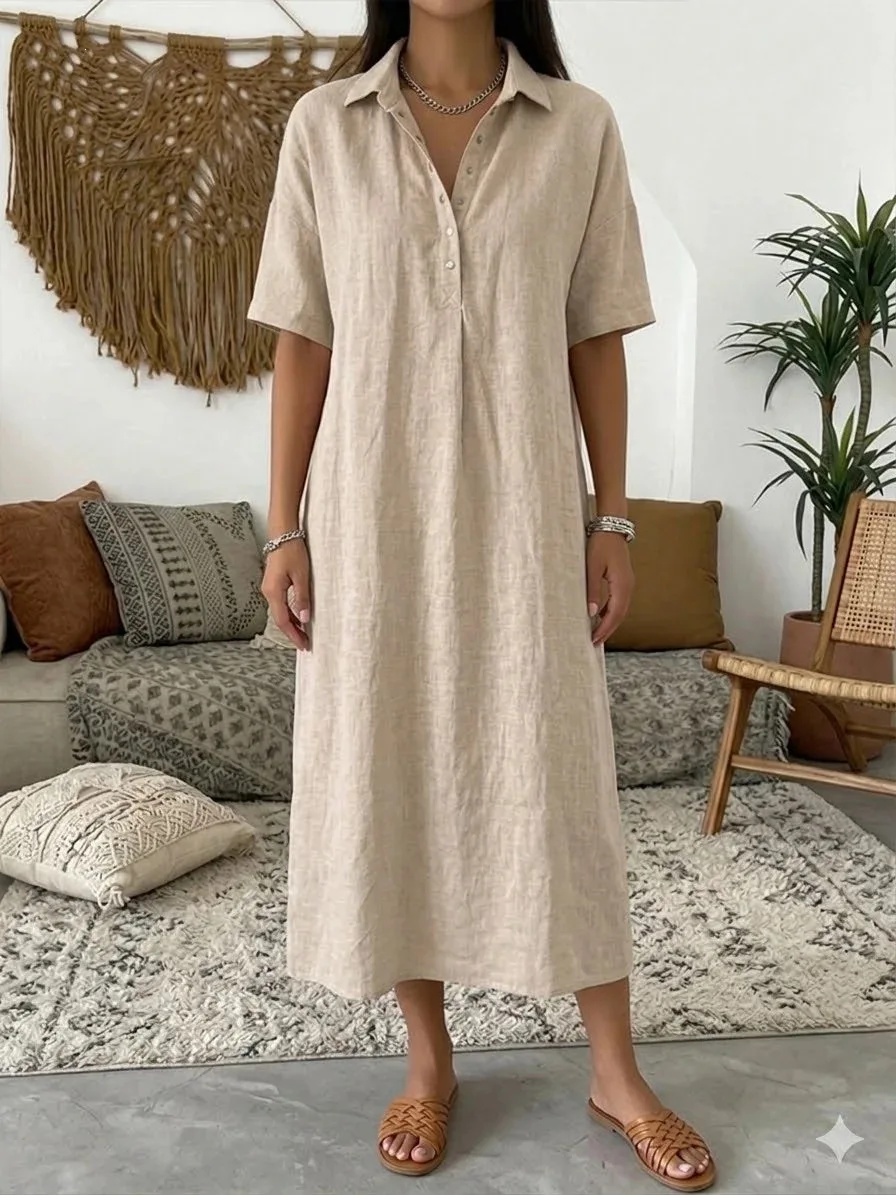 2026 Women's Spring and Summer New Casual Straight-Cut Comfortable Polo-Neck Linen Short-Sleeve Dress