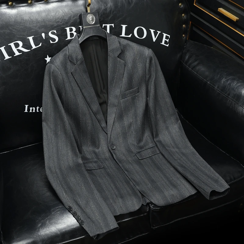 Single Button Exquisite Blazers For Men Striped Classic All Match Four Seasons Quality Wool Blends Suit Slim Fit Terno Masculino