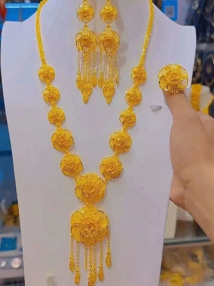Dubai New 24K Gold Plated Necklace, Earrings, Rings, Wedding Party Gifts, Jewelry Set for Women YY10507