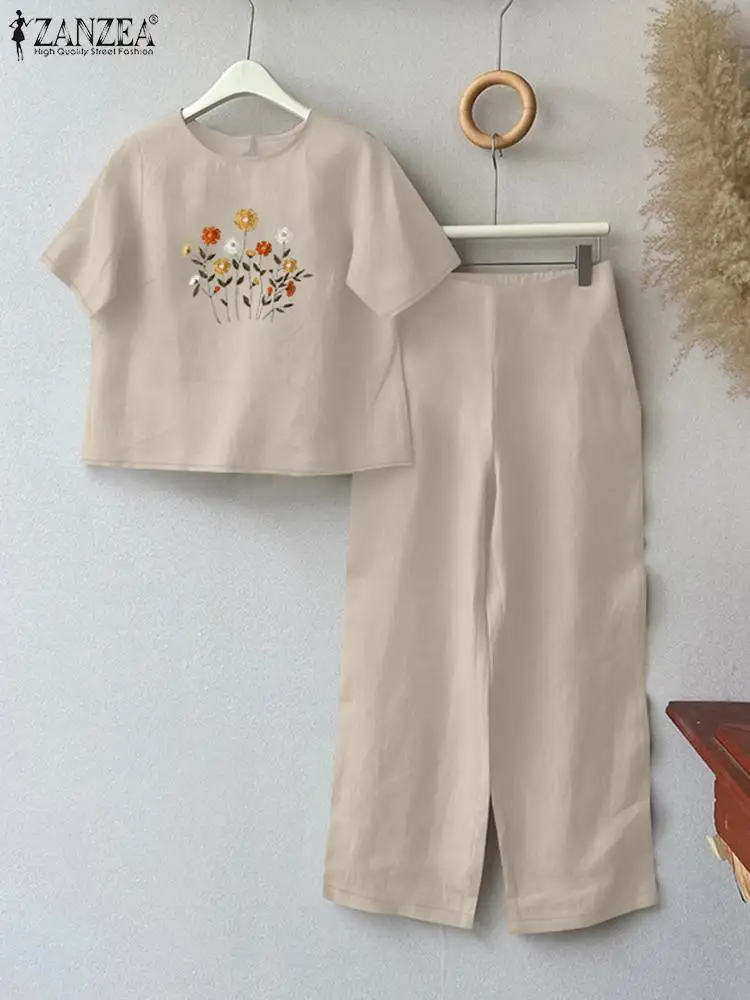 ZANZEA Summer Fashion Short Sleeve Embroidery Blouse Pants Sets 2PCS Women Matching Sets Casual Trousers Suits Loose Tracksuit