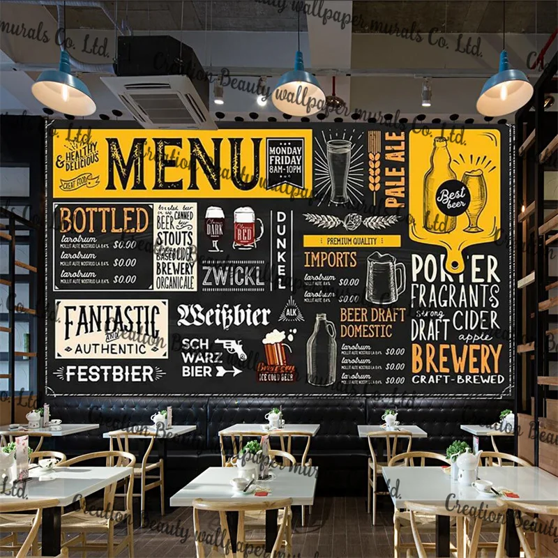 

Custom Retro Black Background Hand Painted Bar KTV Industrial Decor 3D Wallpapers Beer Theme Club Mural Restaurant Wall Paper