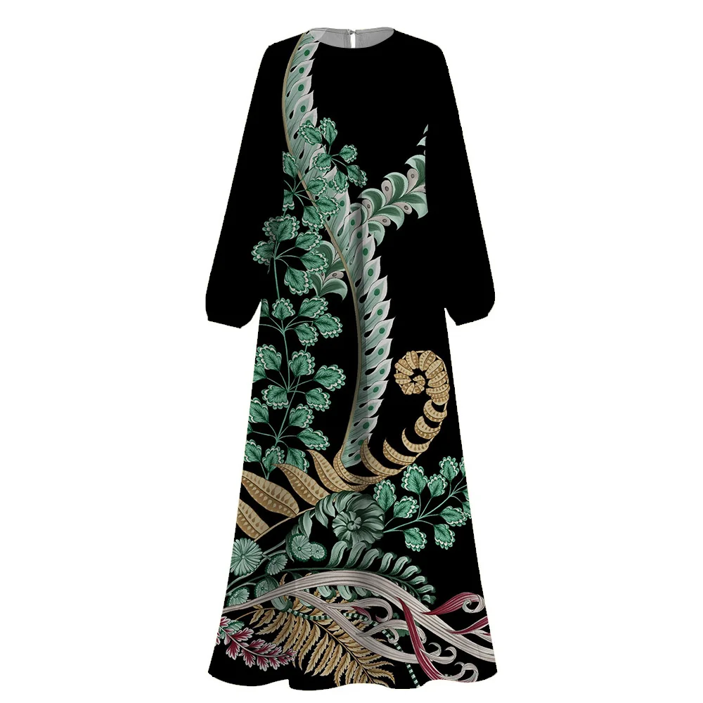 Fashion Muslim Femme Abaya Islamic Dress Dubai Turkey Boho Floral Print Long Sleeves Abayas Muslim   Dress O-Neck Casual Robe