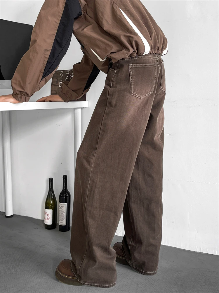 

American Waed Brown Denim Pants Men's Spring Trend Cleanfit Wide Leg Long Pants High Street Versatile Casual Loose Trousers
