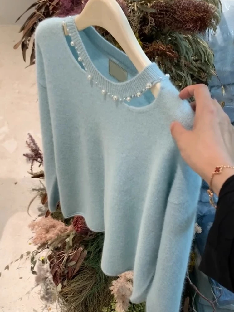   Lange Sve gebreide trui Zacht, comfortabel, huidvriendelijk uitgehold ontwerp Camere Top Koreaanse Sle Loose Fit