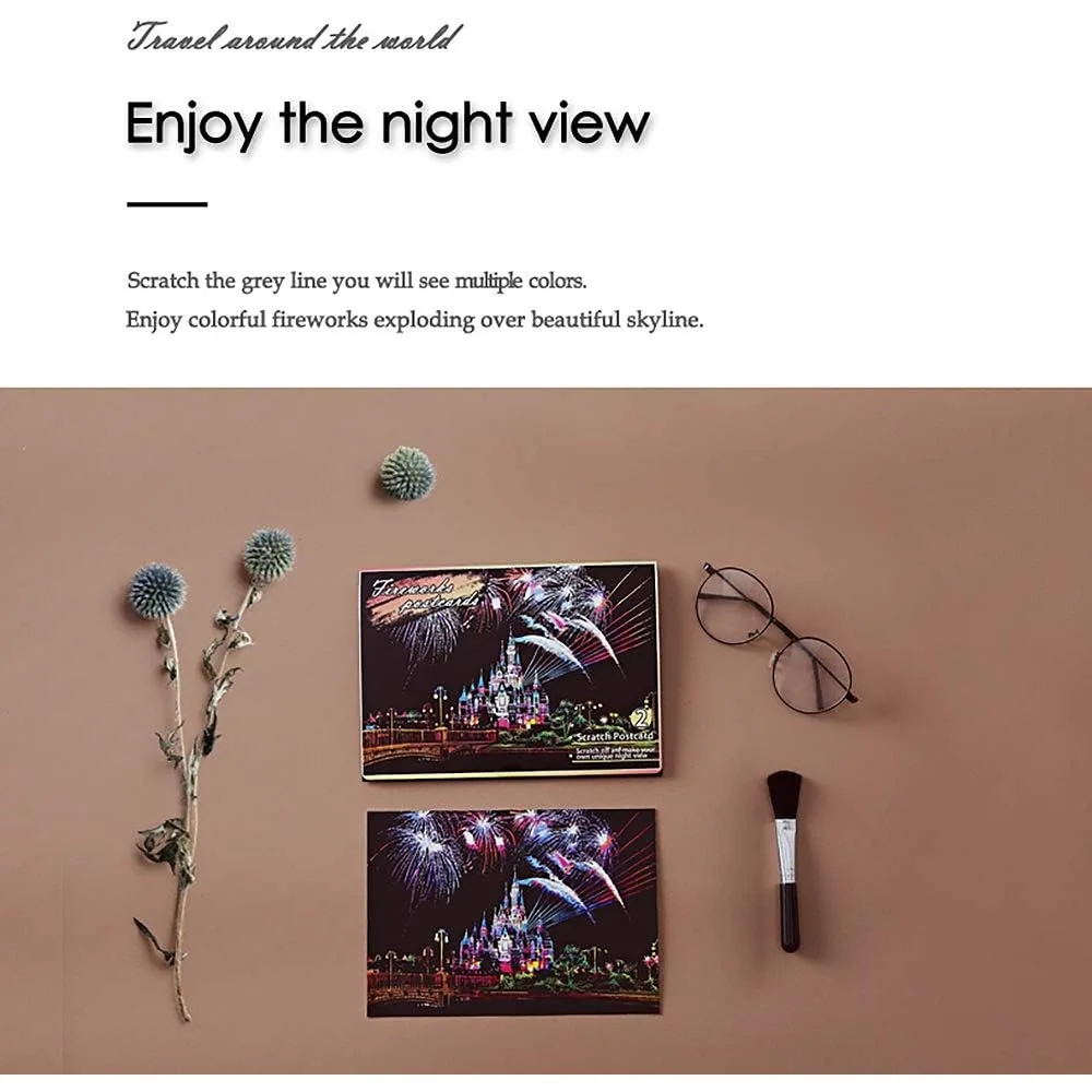 Magic Scratch art paper, mini envelope postcards, Rainbow Night view scratch board, for both adults and children