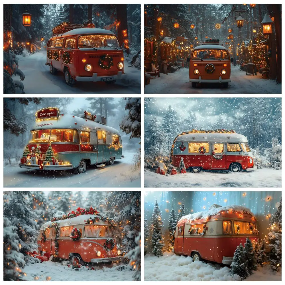 

Christmas Winter Snowy Bus Backdrop Forest Camping Car Baby Kids Family Portrait Photography Background Decor Banner Photostudio