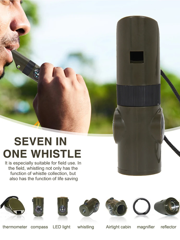 7 in 1 Compass Survival Whistle Multifunctional Thermometer Compass Whistle Magnifier Flashlight High Decibel for Camping Hiking
