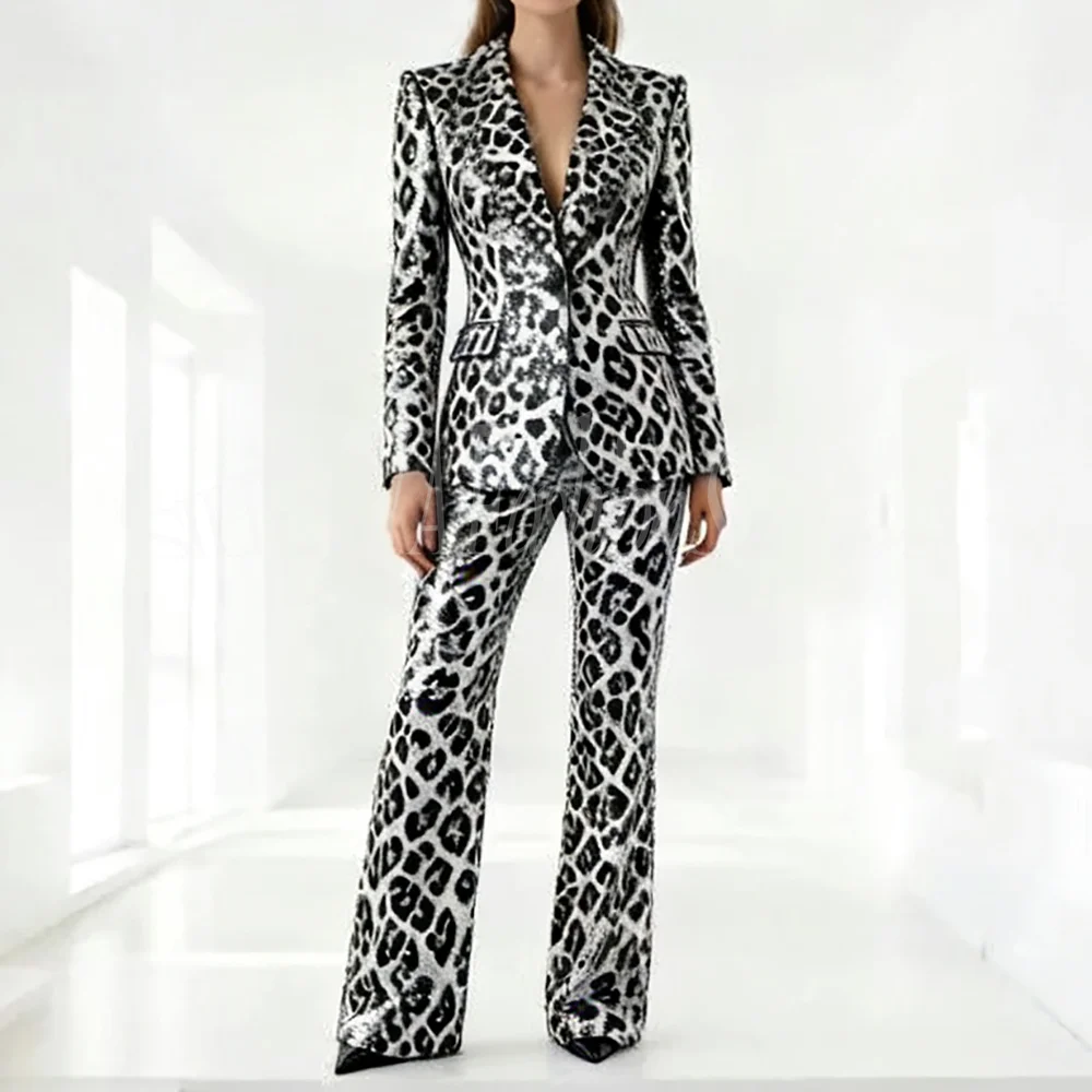 Luxury Leopard Print Sequin Suits for Women Sparkly Ladies Party Female Suit 2 Pieces Festival Fashion Trousers Jacket+Pants