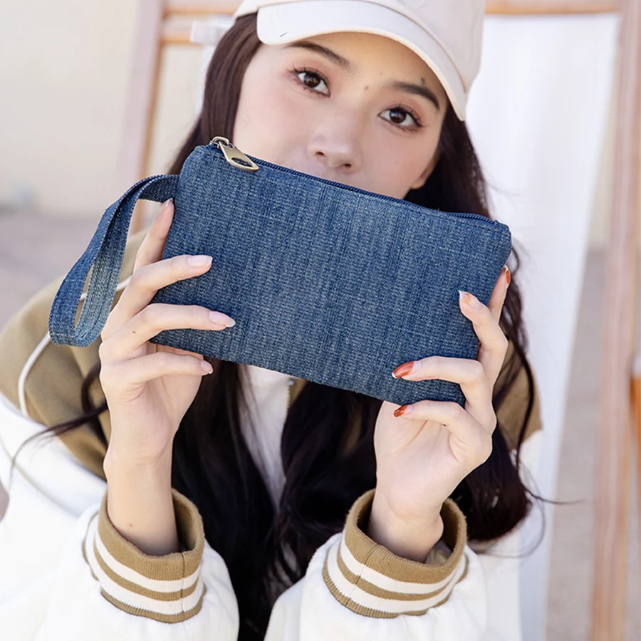 Canvas Denim Women Clutch Bags Blue Ladies Bolsa Feminina Wristlets Lady Casual Mobile Envelope Women Bag Mini Key Purse Wallet