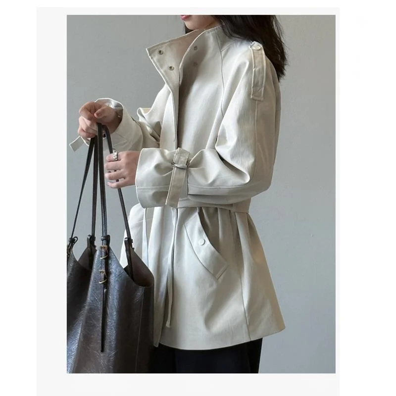 

Autumn Stand Collar Trench Coat,Women Loose Casual Tie Waist Single Breasted Long Sleeve Short Coat