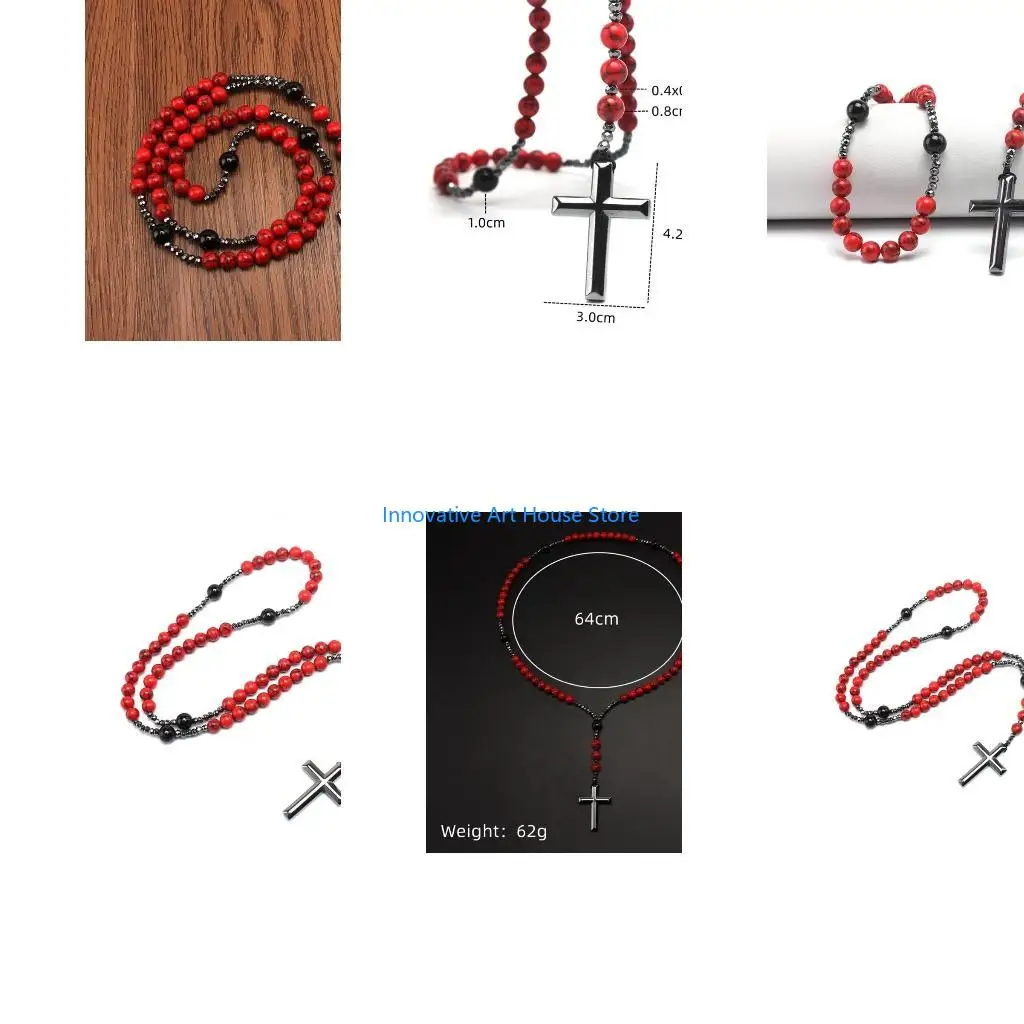 E1PC Catholic Rosary Beads Necklaces Stone Hematite Christian Prayer Jewelry for Men Women Rosaries Necklaces