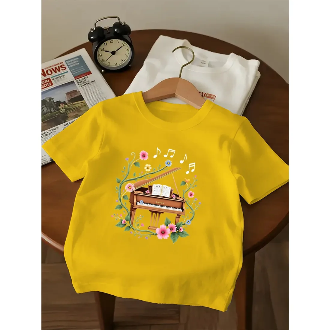 Children's T-shirt Soft Skin Friendly Breathable Loose Comfortable Casual Stylish Versatile Piano Printed Top Girl Clothes