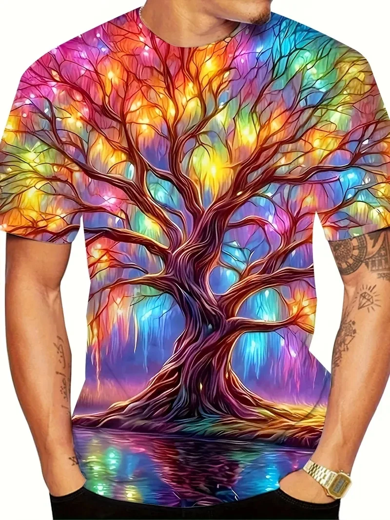 Men's Plus Size 3D Luminous Tree Printed Short Sleeved T-shirt,loose and Casual, Soft, Comfortable and Breathable,outdoor Sports