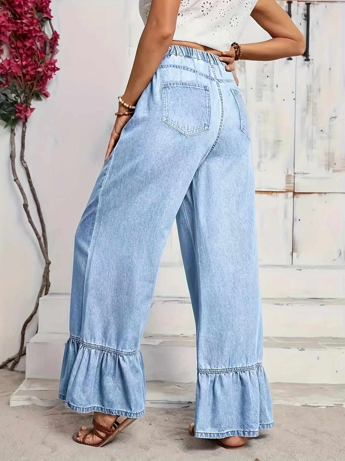 Light Blue Ruffle Hem Wide Leg Jeans Women High Waist Casual Trousers Loose Fit Long Pants