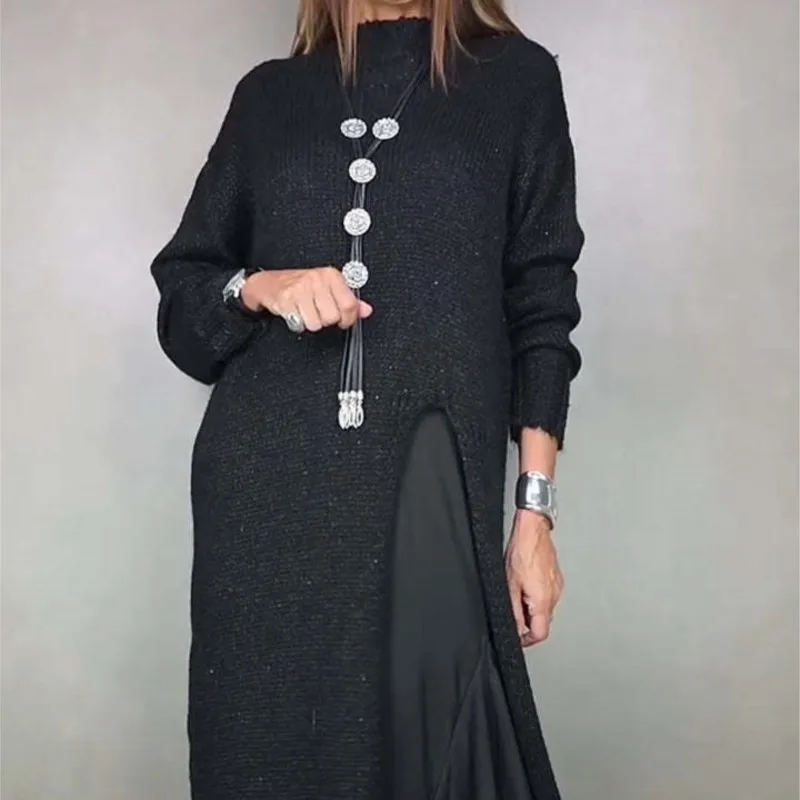 ชุดกระโปรงสูทลำลองสำหรับผู้หญิงทันสมัย สีพื้น เสื้อสเวตเตอร์เดรส พร้อมสายเดี่ยวผูกเชือก กระโปรงยาวแบบต่อผ้า ชุดสองชิ้น