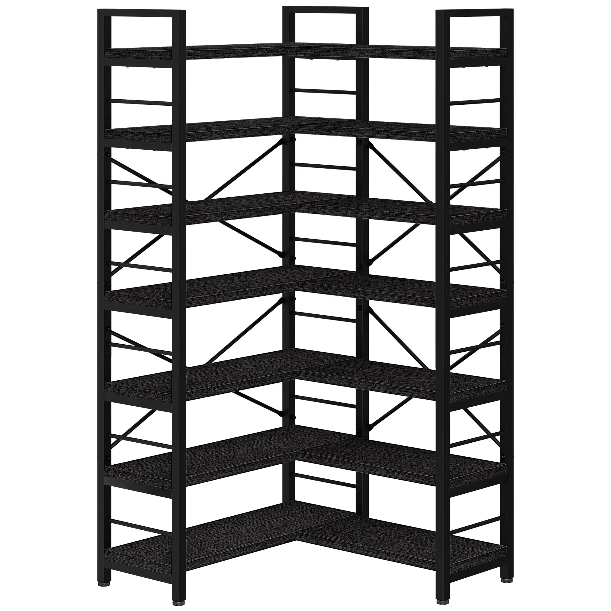 7-Tier Corner Bookshelf, Reversible Wooden Shelves, Industrial Bookcase with Open Shelves and Sturdy Metal Frame, Display Shelf