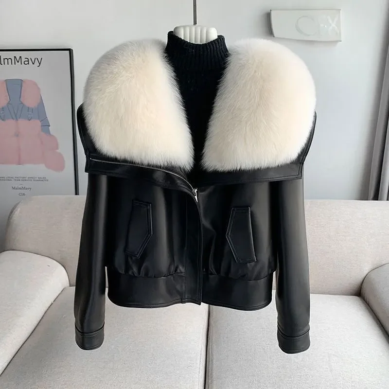 المرأة الراقية الثعلب الفراء بولي Leather سترة جلدية فضفاضة تناسب الفراء طوق معطف قصير دافئ الخريف الشتاء موضة أبلى