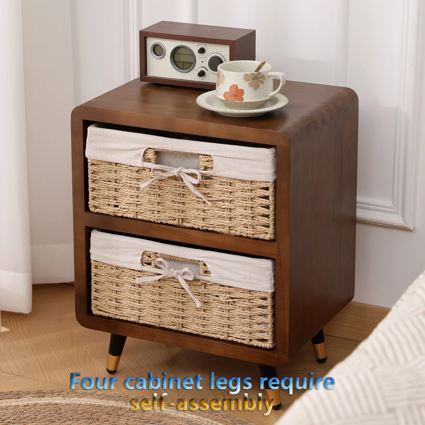 Solid Wood Chest of Drawers Rattan Fabric Storage Cabinet Minimalist Nightstand Narrow Gap Side Cabinet Home Furniture