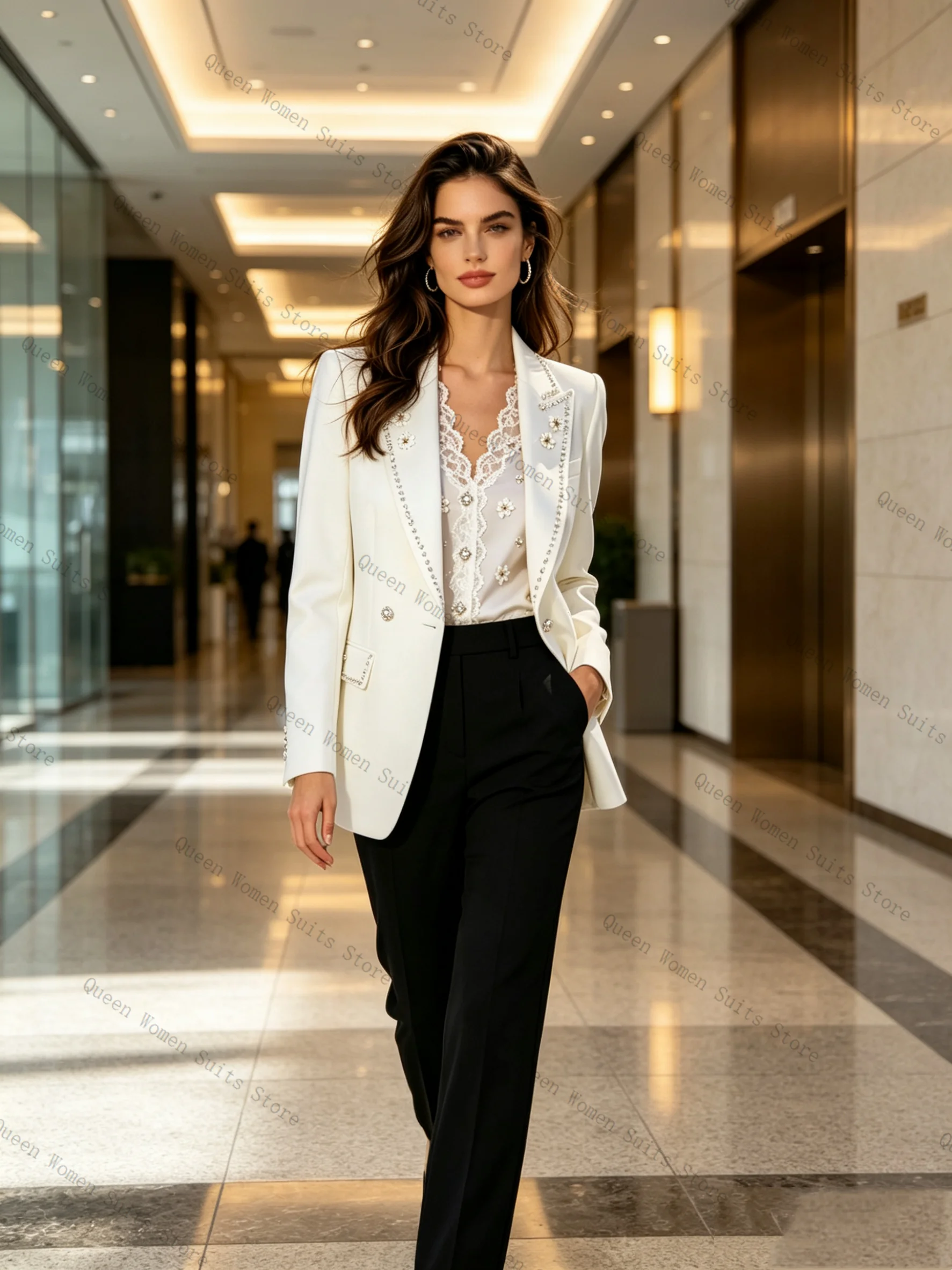 

Crystals Women Suit Set 2 Pcs Blazer Pants Trousers White Black Spring Formal Office Lady Jacket Wedding Coat Customized