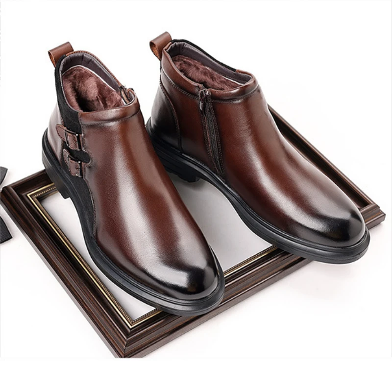 Winter Genuine Leather Wool Men\'s Ankle Boots Fashion Platform Non-slip Men Cotton Shoes buckle Designer Male Chelsea Boots male