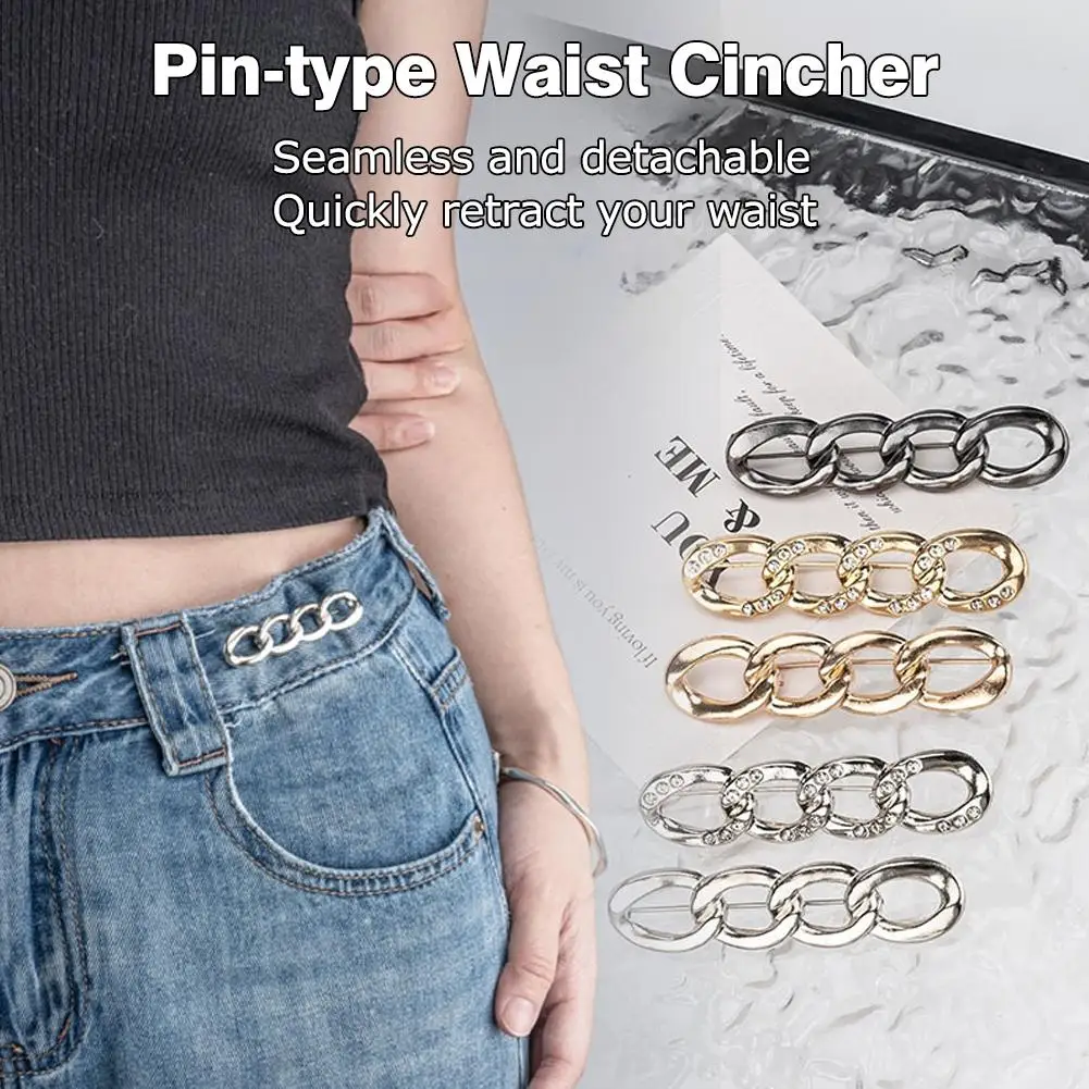 No-Sew Pin-On Waist Reducer - Adjustable Alloy Chain Beltless Buckle for Pants & Skirts, Instant Fit, Silver Tone