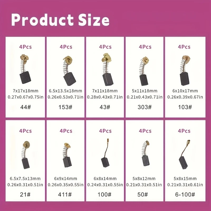 Escovas carbono motor elétrico multiuso 40pcs 10 modelos para temperatura