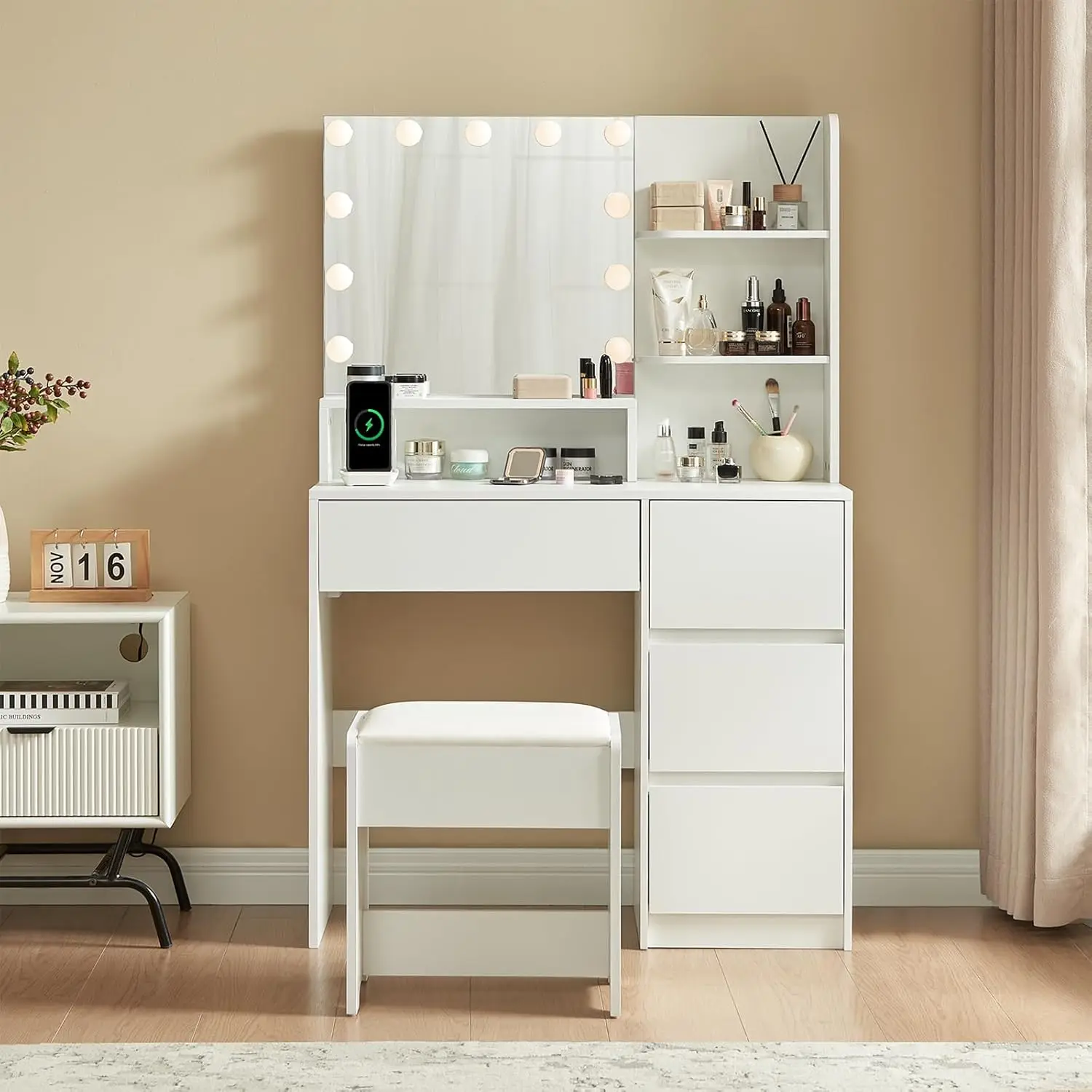 2025 NEW Makeup Vanity Desk with Mirror and Lights - Small Vanity Table Set with 4 Drawers, Power Outlet, USB Ports, Stool White