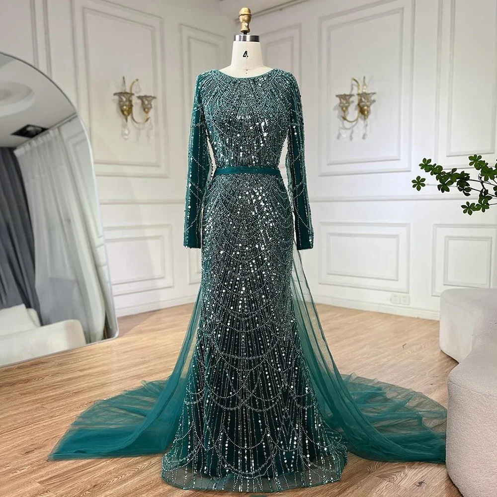 SERENE HILL Customized 2025 Muslim Women Wedding Party Dubai Gown Green Overskirt Luxury Beaded Mermaid Evening Dress CLA72032D