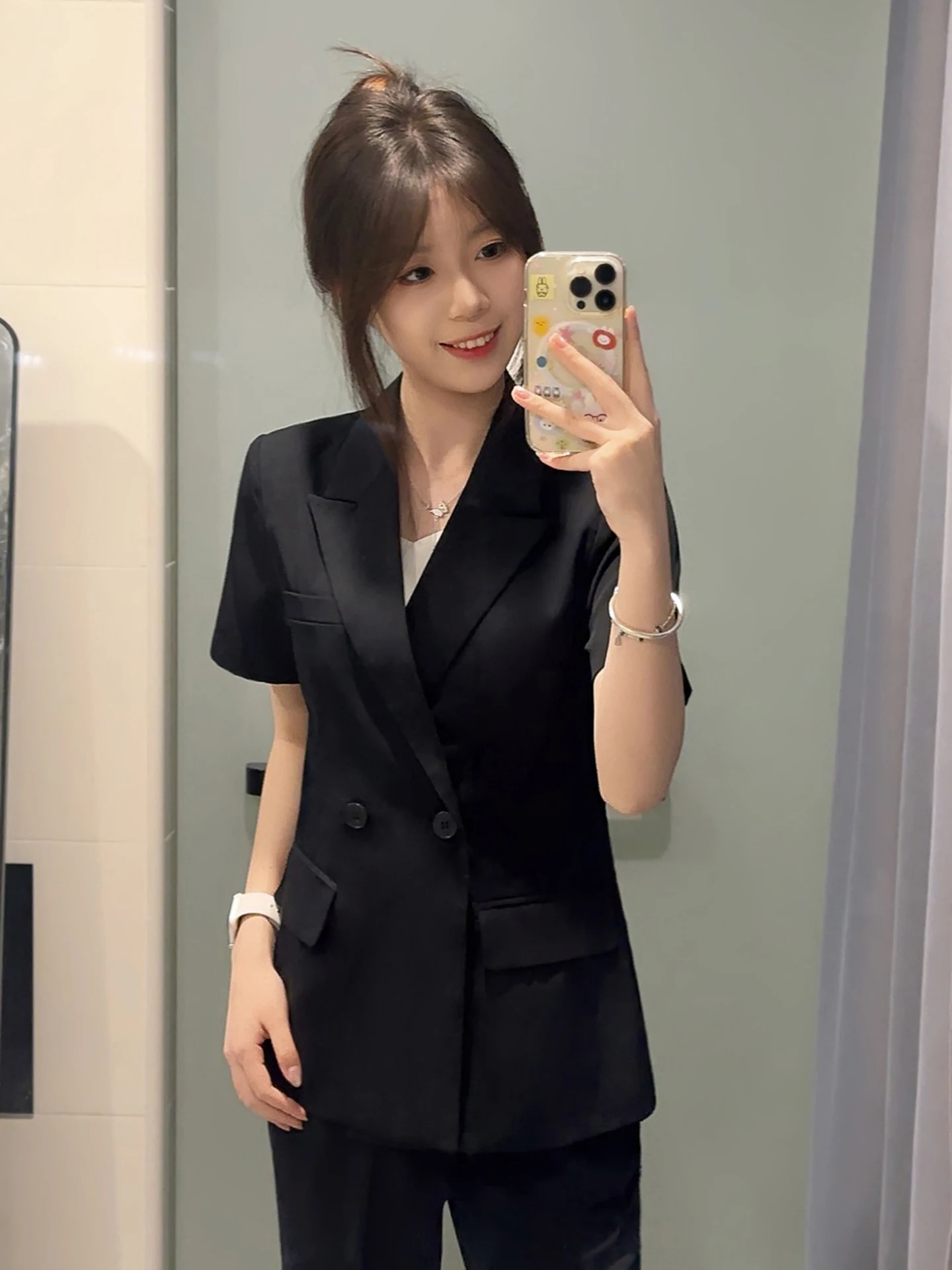 Black Suit Set for Women Interview Formal Government Employee Short Size Professional Lady's  Commute Style Polyester F...