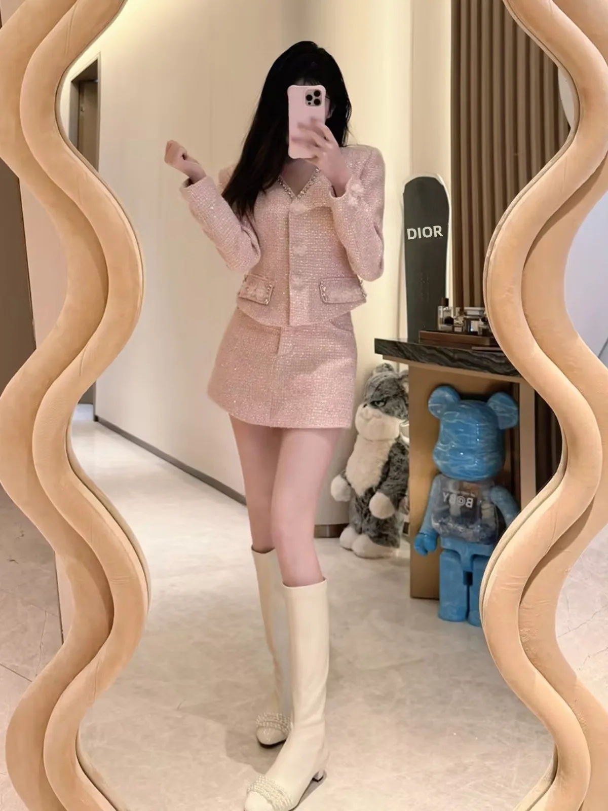 

AZZHEN Watermelon Pink Floral Diamond V-neck Cotton Blend Women's Fashion Set Autumn Collection Simple Style Two-piece ...