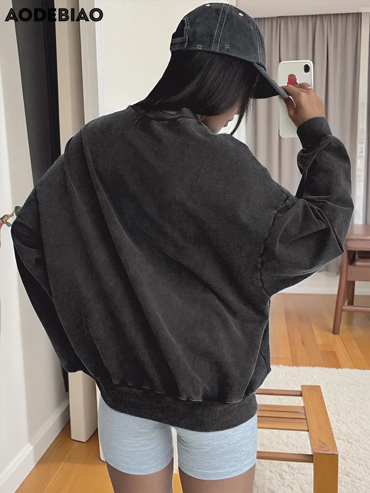 AODEBIAO Black Sports Hoodie Women Autumn Long Sleeves O-Neck Solid Fitness Hoodie Casual Loose Basic Hoodie Women Streetwear