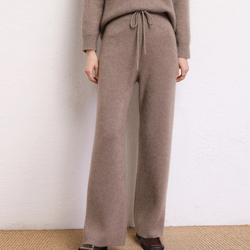 2024 Winter 100% Cashmere Pants Women Wide Leg Pants Knitting Pants Autumn Soft Warm Trousers For Female