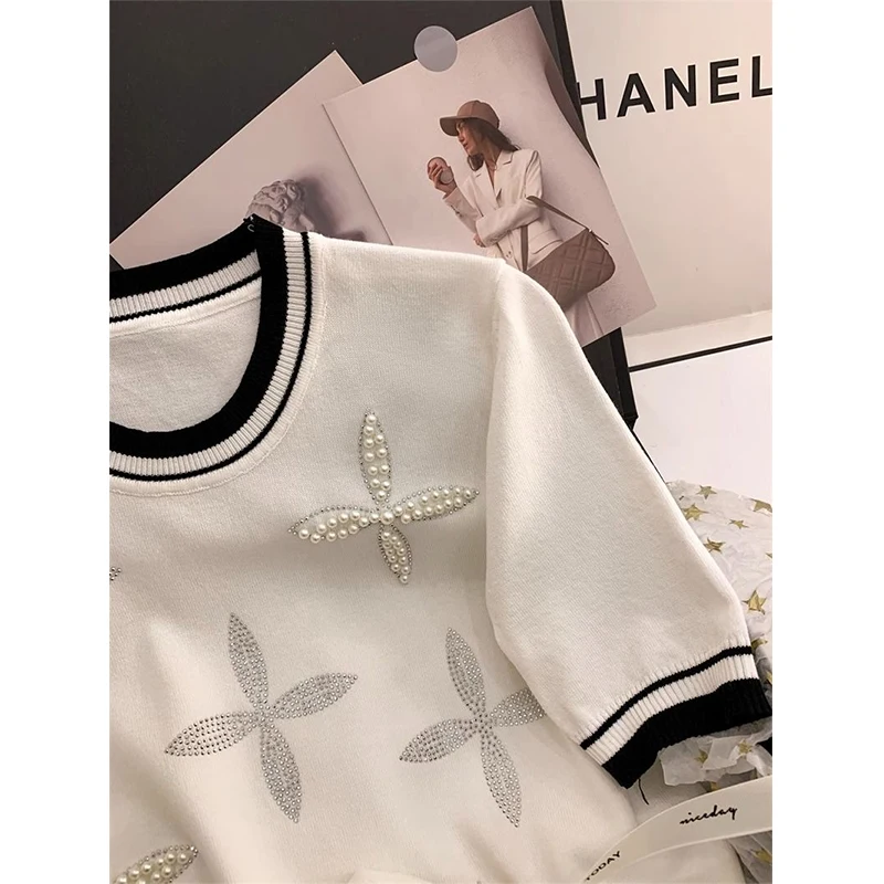 Summer Fashion Round Neck Beading Knitting T-shirt Ladies Short Sleeve Loose Casual Patchwork Tee Top Women All-match Pullovers