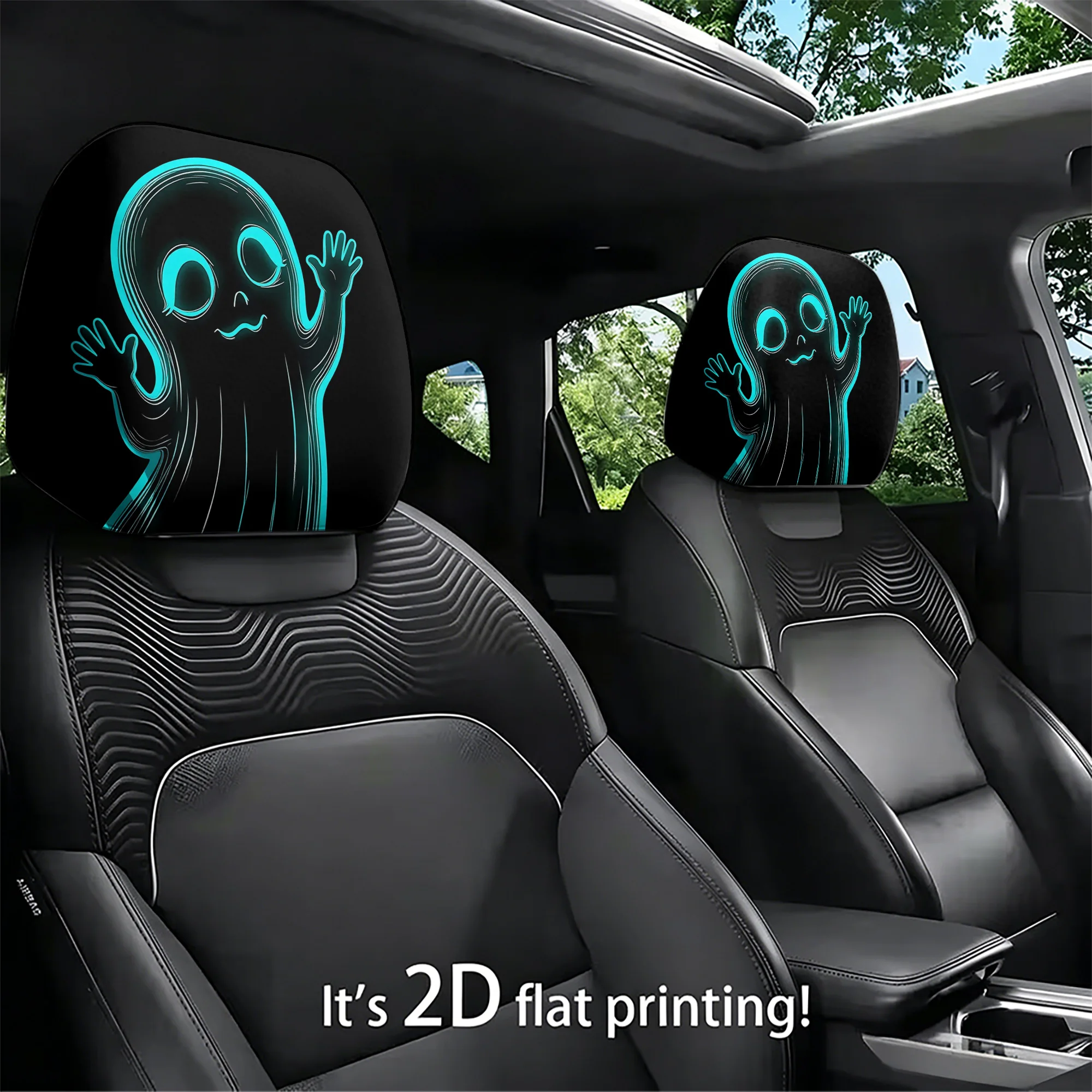 2pcs neon blue ghost-patterned car headrest covers to add a touch of style to your car’s interior. Filling not included. Easy to
